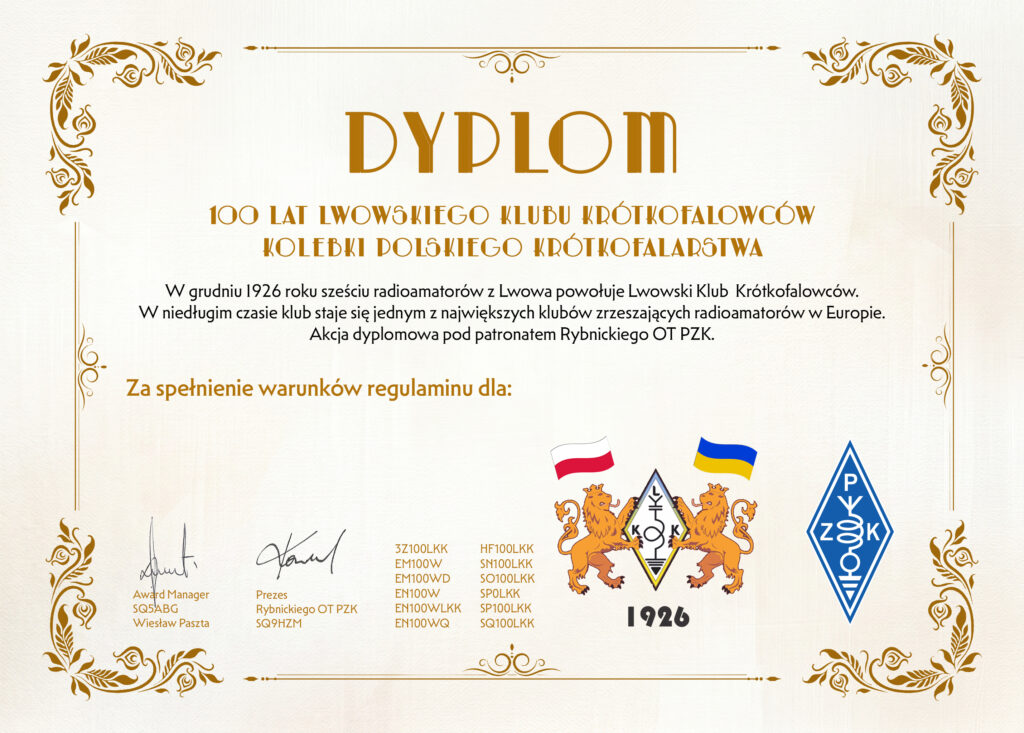 Diplom k 100. výročiu Ľvovského klubu