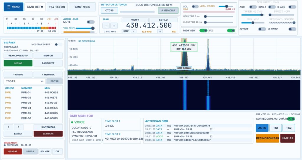 IC-SDR: multimódový SDR prijímač pre Windows s dekodérmi a contestovým denníkom SDR R820T s DMR monitorom, spektrom a skenerom pre pásmo 70 cm
