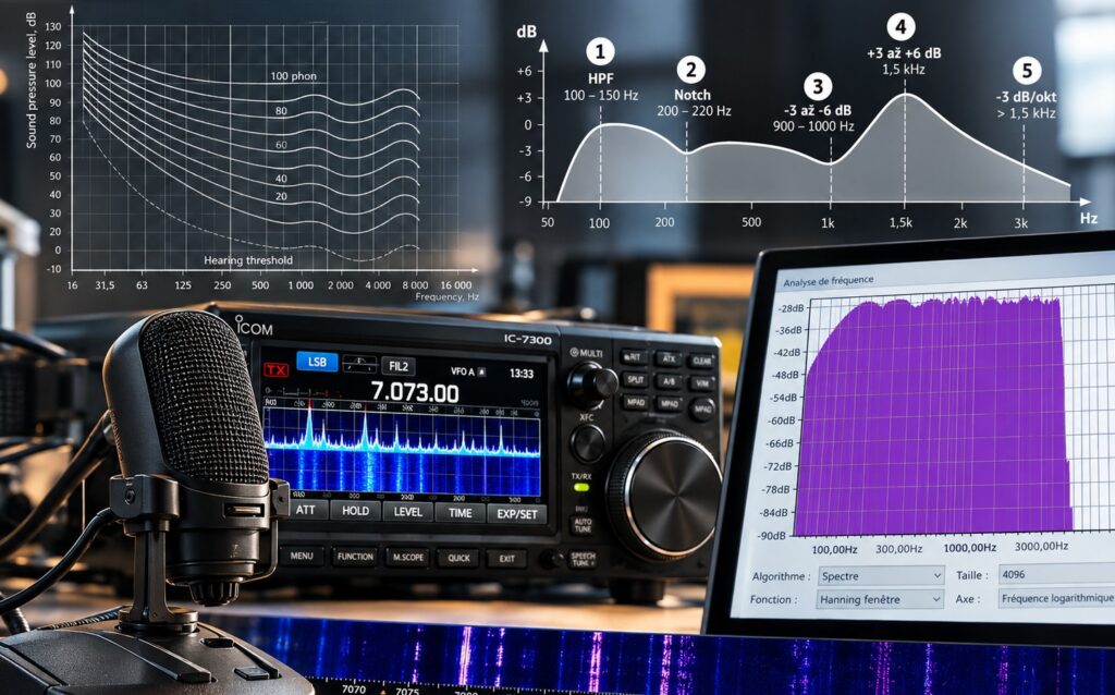 Nastavenie SSB modulácie s mikrofónom, rádiostanicou Icom IC-7300, EQ krivkou a spektrálnou analýzou
