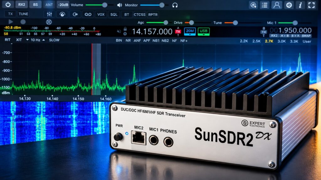 SunSDR2 DX s rozhraním ExpertSDR a zobrazením spektra a vodopádu